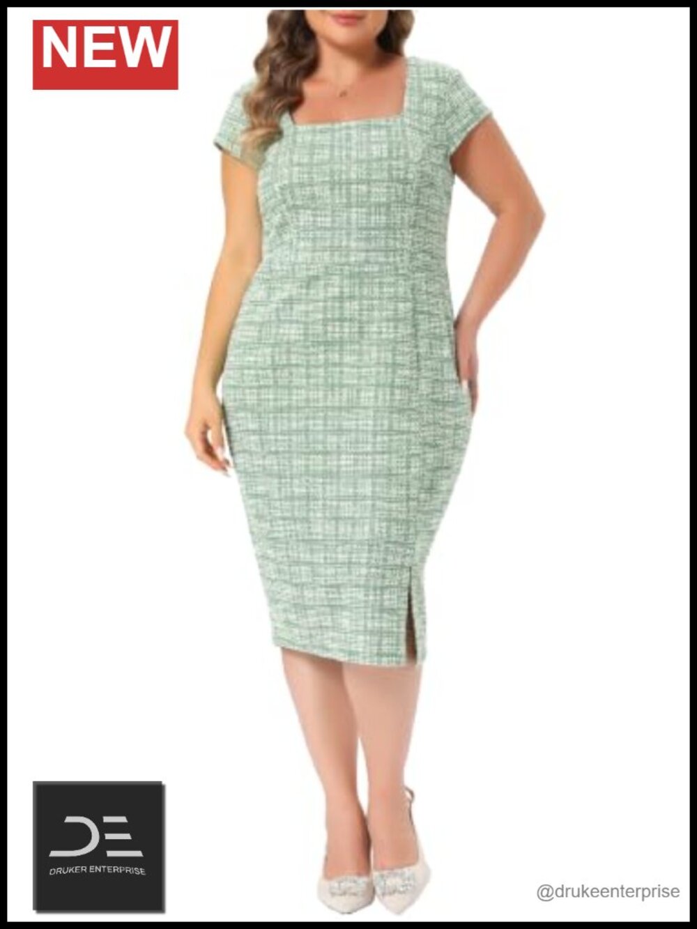 Plus Size Tweed Bodycon Sheath Dress Cap Sleeve Wear to Work